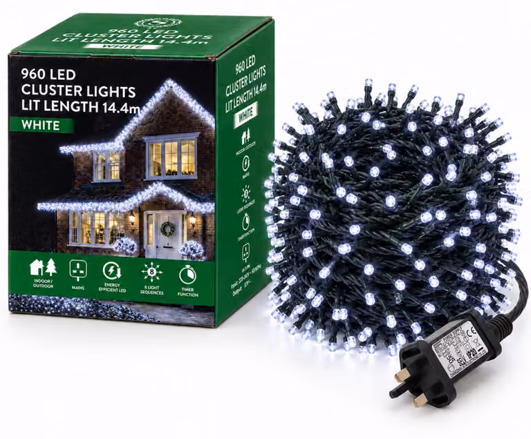 Catena luminosa a LED con effetto cluster, 960 LED, 8 modalità, timer, 24,4 metri, luce bianca fredda