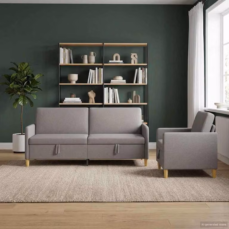 Set di 2 divani moderni vidaXL con contenitore, rivestimento in tessuto e seduta sollevabile, colore beige/marrone/grigio