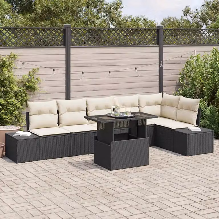 Set Divano da Giardino a L vidaXL in Polyrattan Nero con 7 Pezzi e Cuscini Inclusi