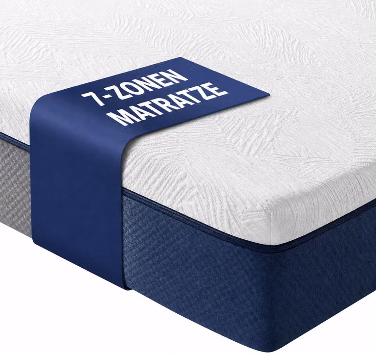 Materasso a 7 zone, dimensioni 140x200 cm, altezza 25 cm, realizzato in schiuma memory con gel, rigidità media, effetto rinfrescante, con sistema a molle insacchettate, traspirante, rivestimento lavabile