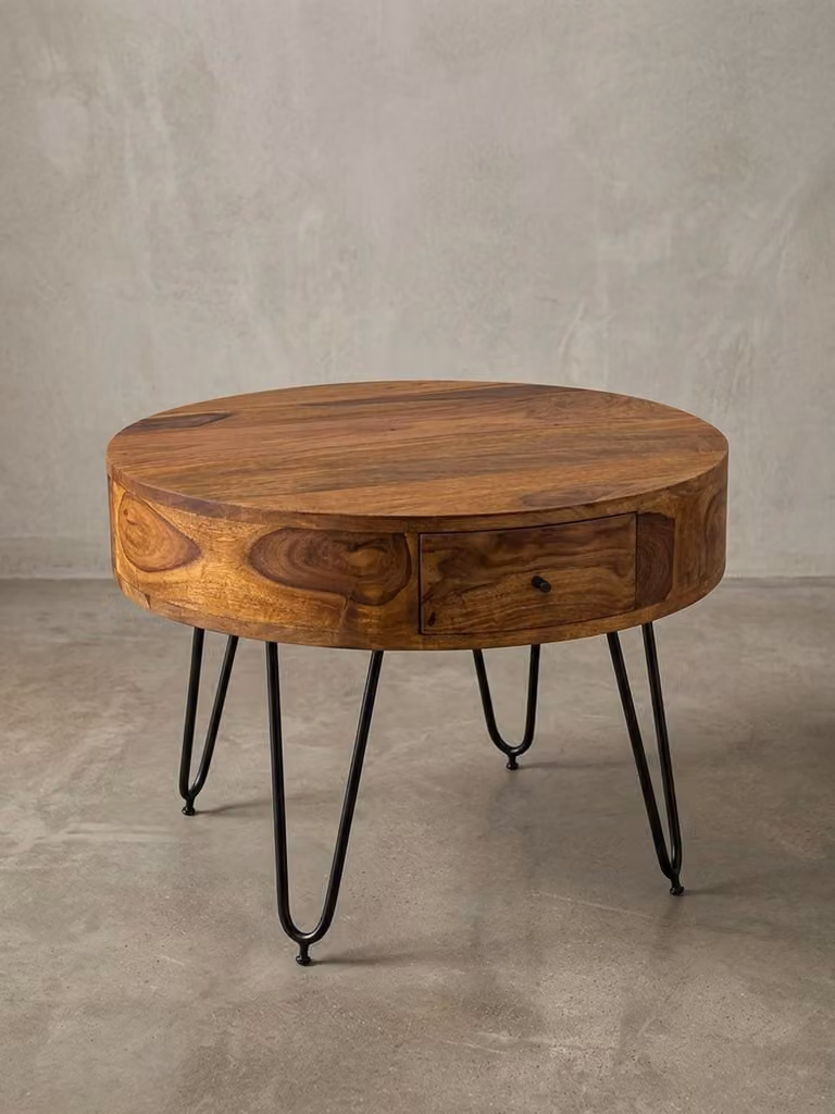 Tavolino in legno massiccio di sheesham con cassetti e gambe in metallo nero, fatto a mano. 60x60x44 cm | Kadima Design