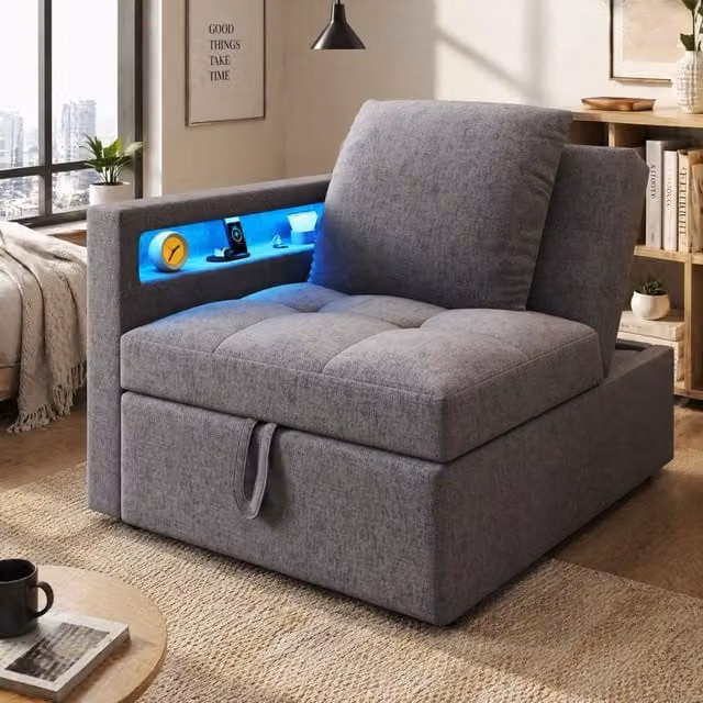 Divano letto 3 in 1 trasformabile; tessuto effetto lino; LED; USB/Type-C; grigio scuro