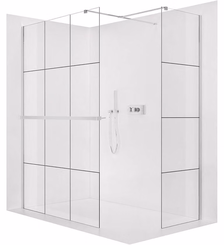 Pannello doccia angolare Walk-in Onyx T, destro/sinistro - 8 mm - profilo squadrato + ripiano/portasciugamani - cromo, vetro industriale - 150x140x200 cm