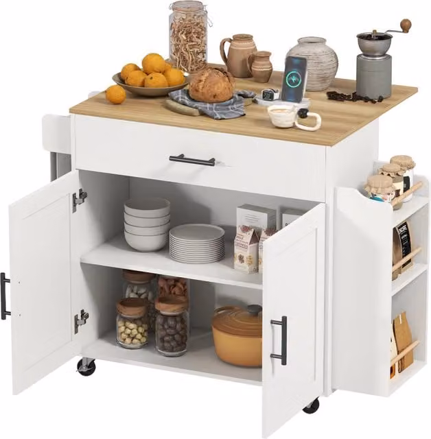 Carrello da Cucina su Ruote con Piano Pieghevole Isola Cucina con Cassetto e Ripiani Salvaspazio Bianco 120 x 68 x 85 cm