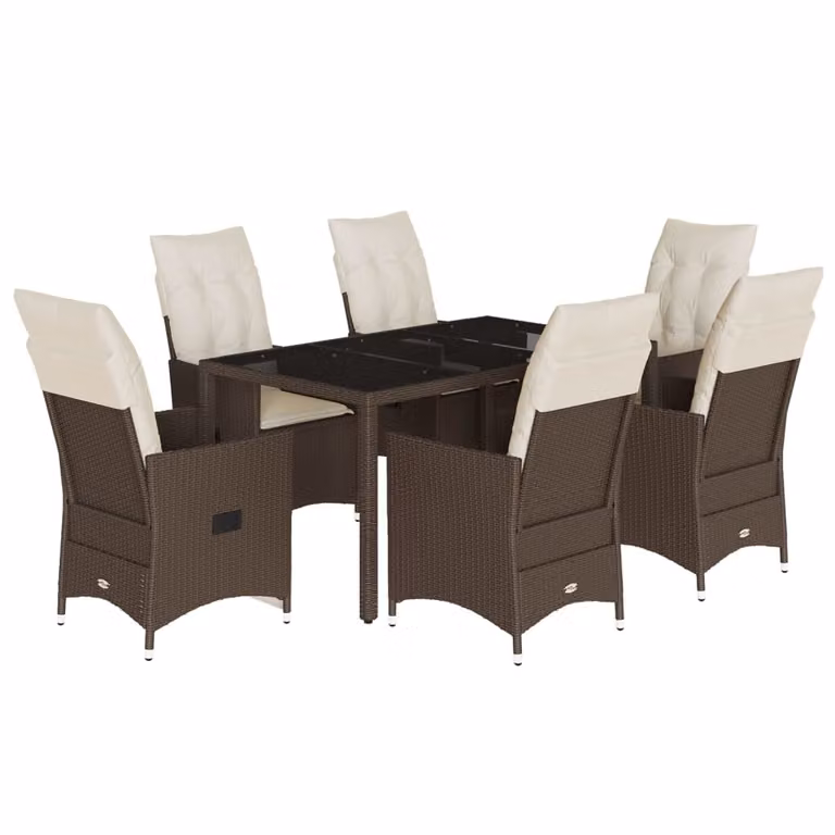 Set da Pranzo da Giardino 7pz con Cuscini in Polyrattan Marrone