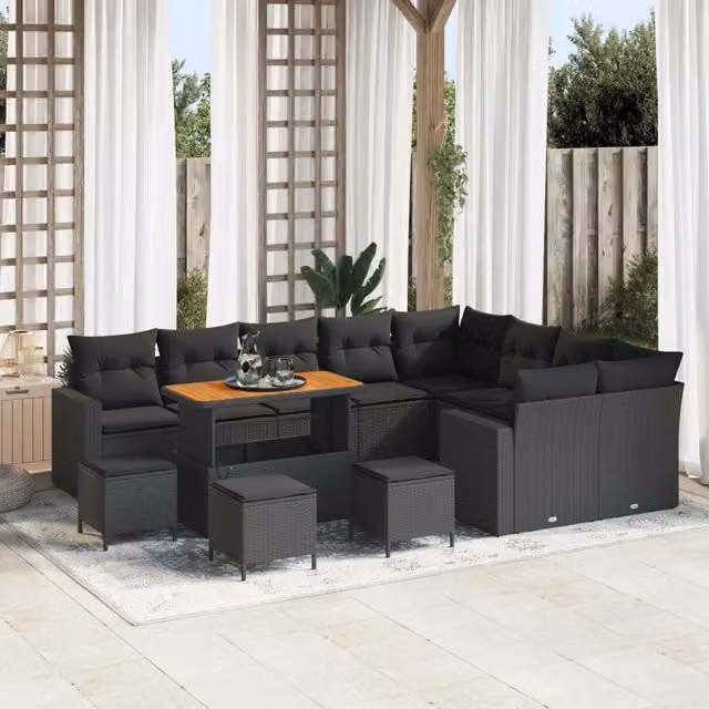 Set Divano da Giardino vidaXL a 11 Posti in Polyrattan Nero con Tavolino e Ottoman