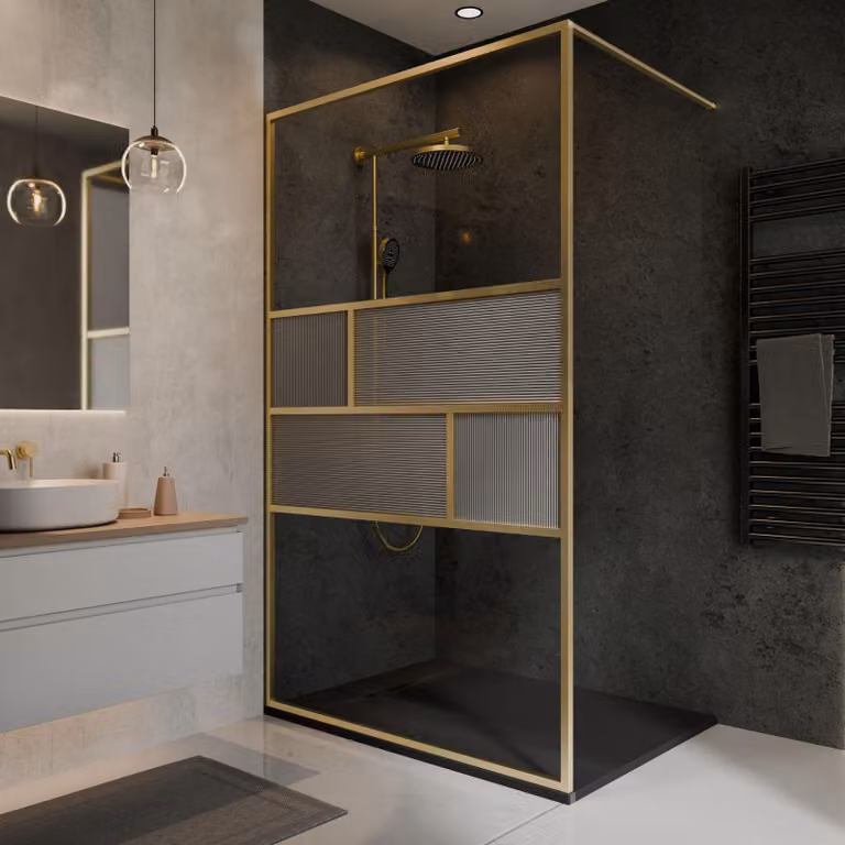 Parete doccia walk-in Schulte "Carvella" 140 x 200 cm, vetro di sicurezza da 6 mm con rivestimento Fixil, profilo effetto oro