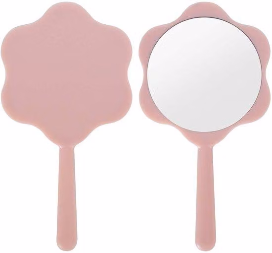 Piccolo specchio da trucco con manico, rosa, portatile