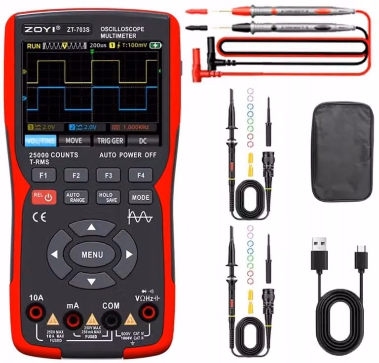 Multimetro digitale 3 in 1 con generatore di segnali ZOYI ZT-703S 10 MHz, 2 sonde