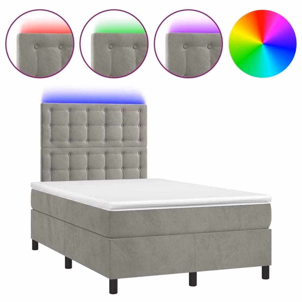 Letto a Molle Materasso e LED Grigio Chiaro 120x200 cm Velluto