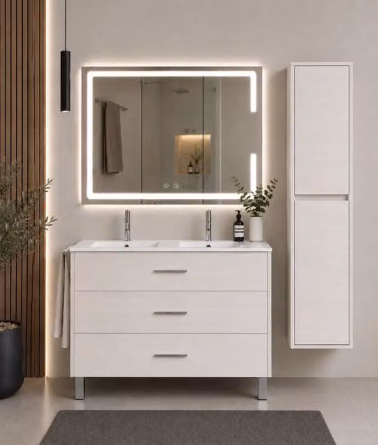 Mobile bagno con lavabo ORIGENBATH RIBERA senza specchio 120x45 cm doppio lavabo bianco nordico con colonna