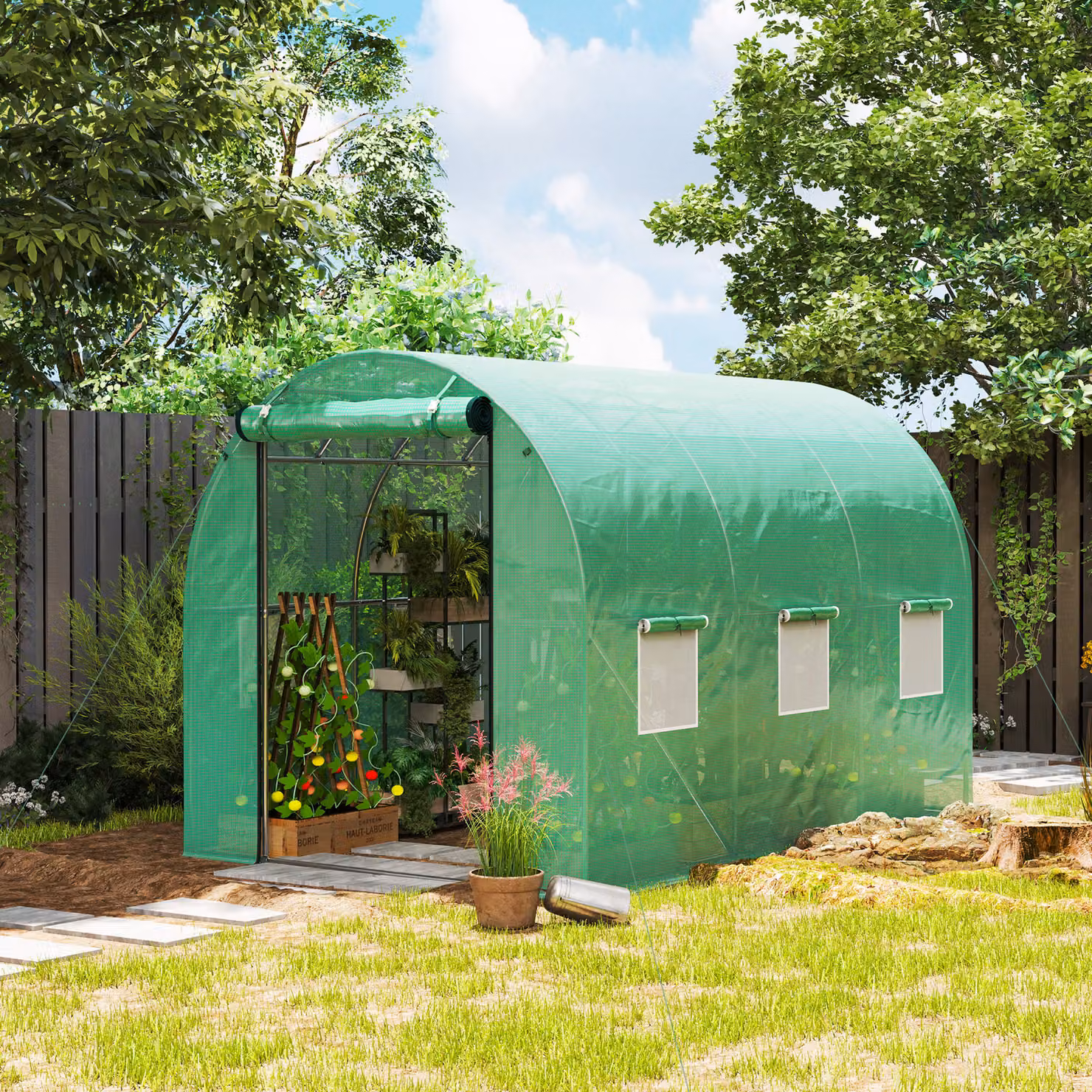 Outsunny Serra tunnel da giardino in acciaio zincato e PE, verde, L: 300 cm, P: 200 cm, H: 200 cm, con porta avvolgibile e grandi finestre – 2