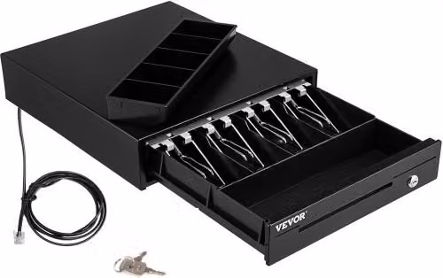 Cassetto Portasoldi VEVOR per Registratore di Cassa con Apertura Automatica e 3 Metodi di Sblocco, Nero, L: 33,6 cm, P: 36,8 cm, H: 8 cm