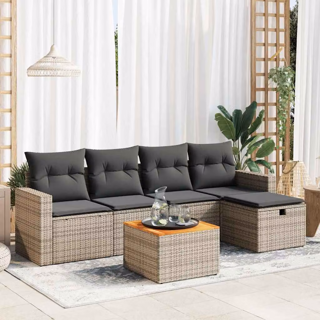 Set Divano da Giardino vidaXL 6 pz a Forma di L in Polyrattan con Cuscini Grigio e Marrone