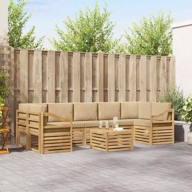 Set di divani da esterno a L vidaXL in legno di acacia con tavolo da caffè, colore bianco e beige, composto da 8 pezzi con cuscini inclusi – 1