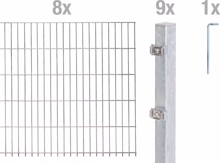 Alberts 651268 Recinzione a doppia rete metallica come set completo di 18 pezzi, zincato a caldo, altezza 140 cm, lunghezza 16 m