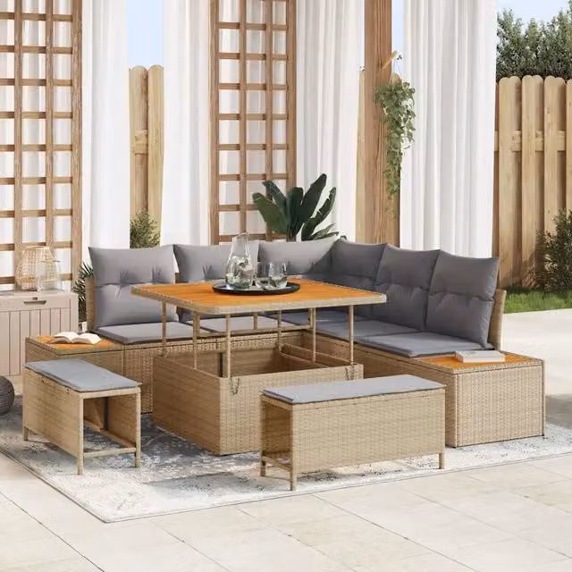 Set Divano da Giardino vidaXL a Forma di L con 8 Pezzi Beige e Cuscini Inclusi