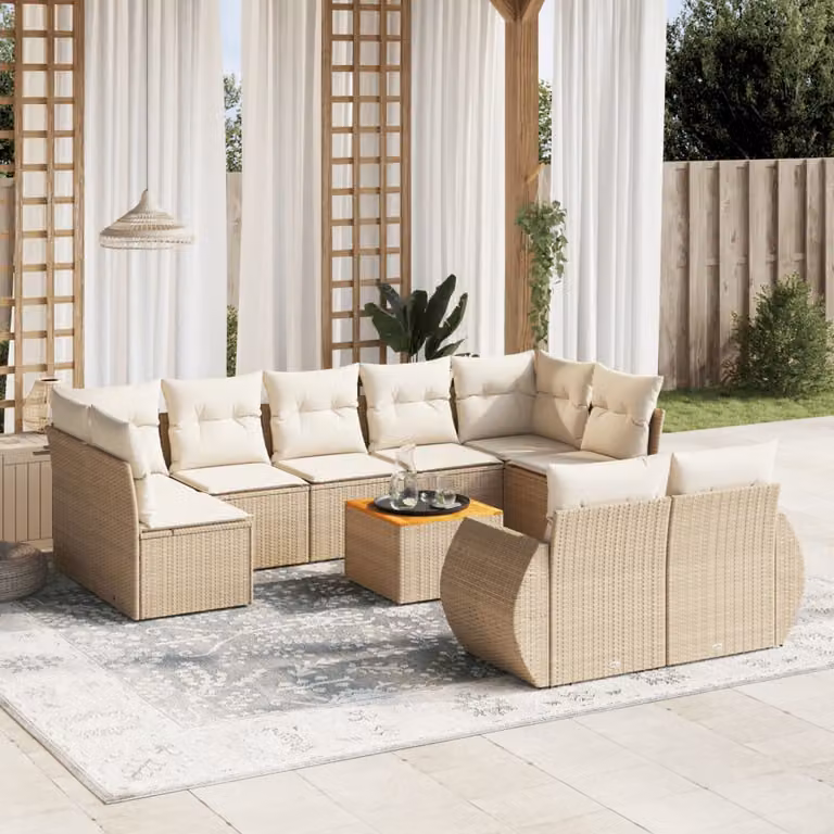 vidaXL Set Divano da Giardino a L 10 pz con Cuscini Beige e Tavolino in Polyrattan e Legno di Acacia