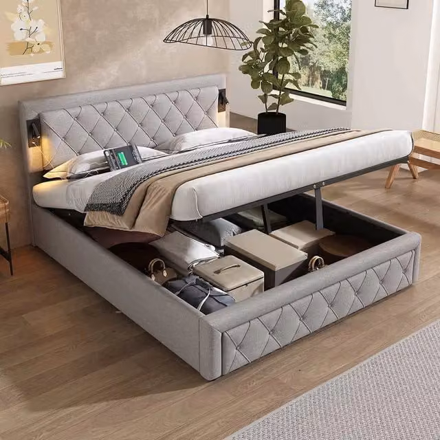 Letto imbottito 160x200 - Xylo - Grigio lino con downlight USB e spazio di archiviazione