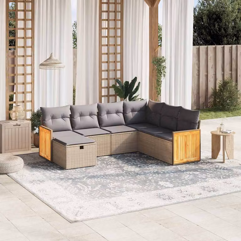 vidaXL Set Divano da Giardino a L 7 pz in Polyrattan con Cuscini Beige e Grigio