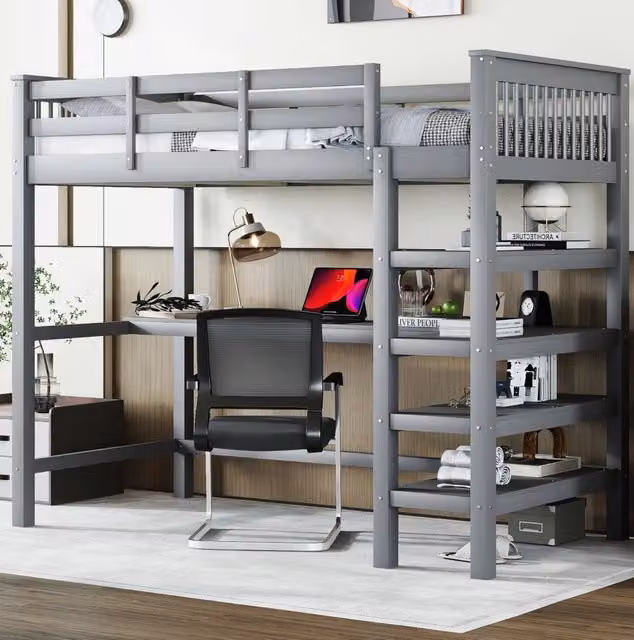 Letto a soppalco per bambini 90 x 200 cm con scrivania e ripiani; grigio