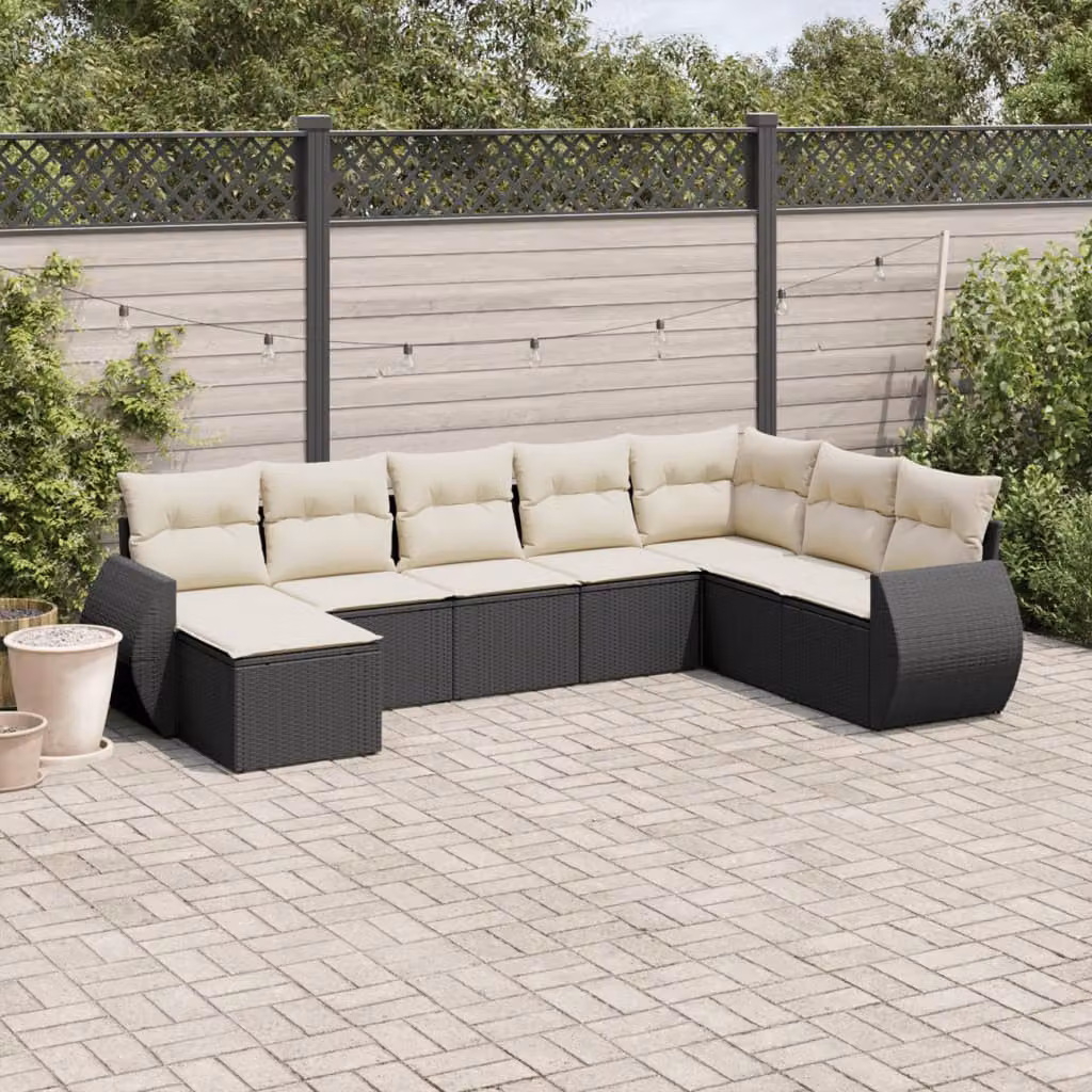 Set di divani da giardino vidaXL in polyrattan nero con 8 cuscini e struttura in metallo per esterno – 1