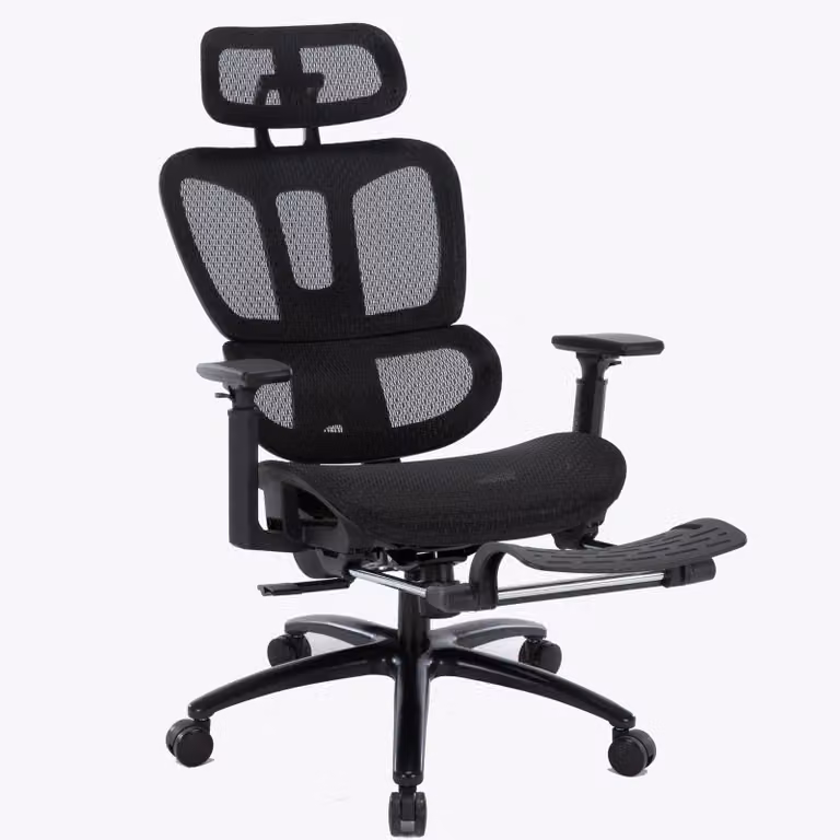 Sedia da ufficio dal design moderno con rivestimento in mesh e poggiapiedi, sedia girevole ergonomica con supporto per il collo e la zona lombare, sedia da gaming con schienale in rete traspirante e funzione reclinabile, colore: nero