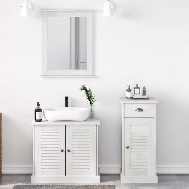 Set di mobili per il bagno moderno vidaXL in pino massello bianco con mobile lavabo e ante a battente