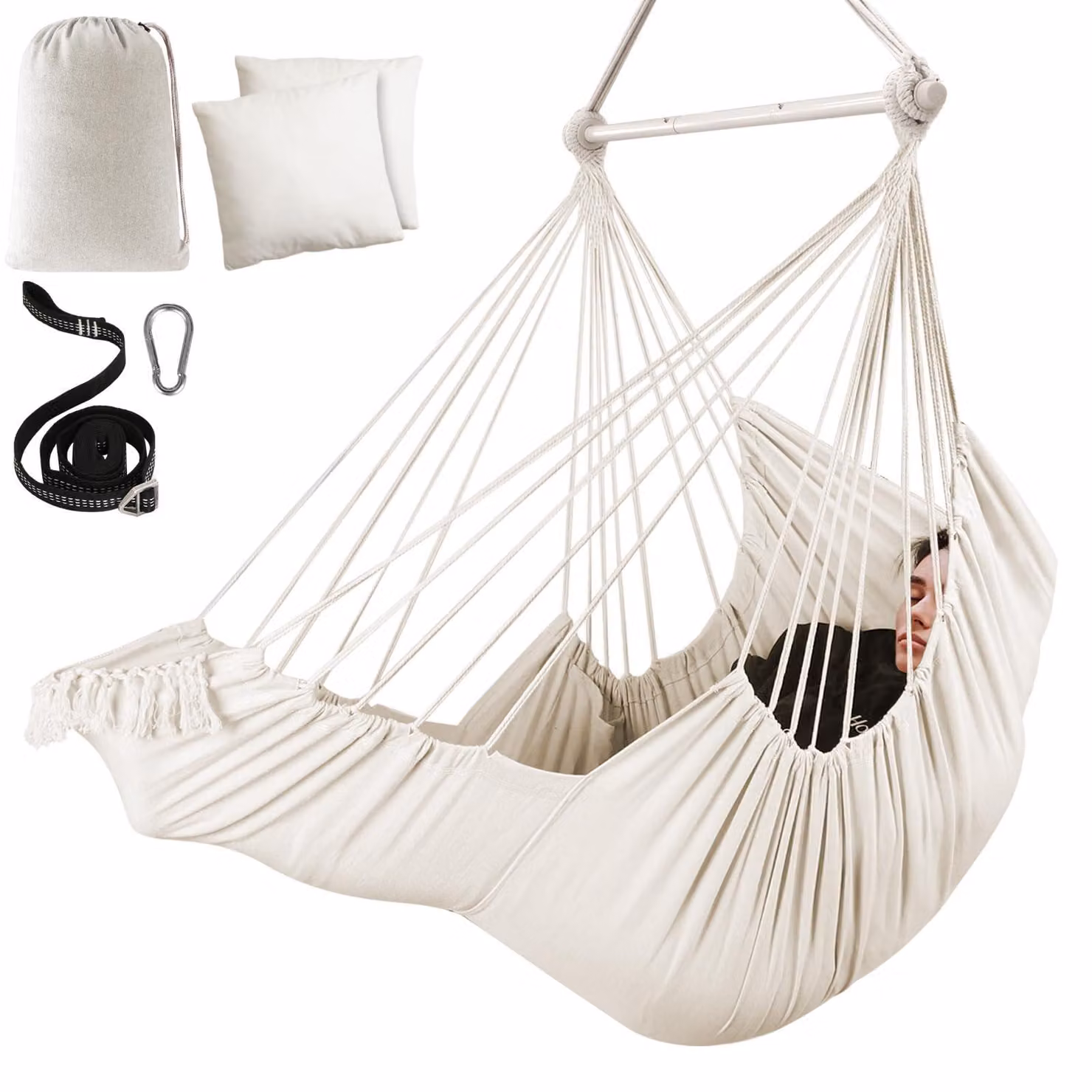 Sedia a dondolo in cotone bianco naturale - Peso massimo supportato: 227 kg - Dimensioni: 190x100 cm - Con barra di supporto pieghevole