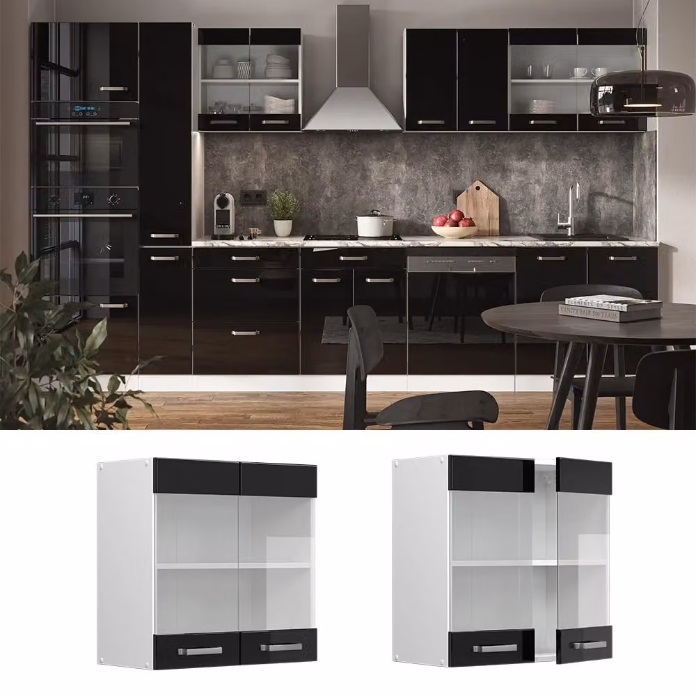 Pensile da cucina moderno Vicco R-Line con ante in vetro, Nero lucido e Bianco, L: 60 cm – 2