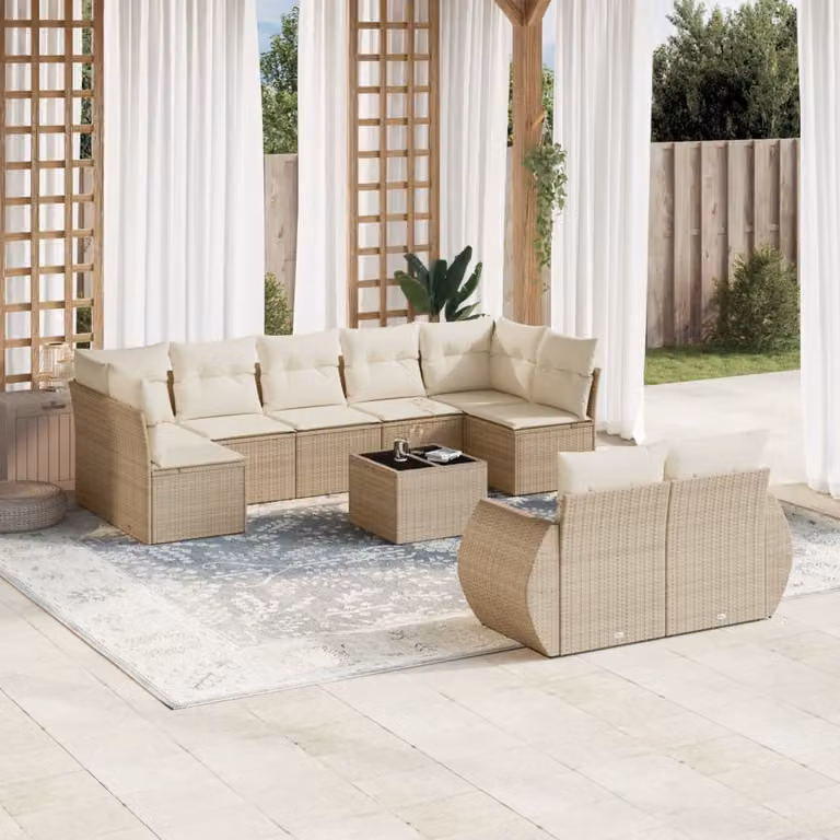 vidaXL Set Divano da Giardino a L 10 pz con Cuscini Beige e Tavolino in Polyrattan e Metallo