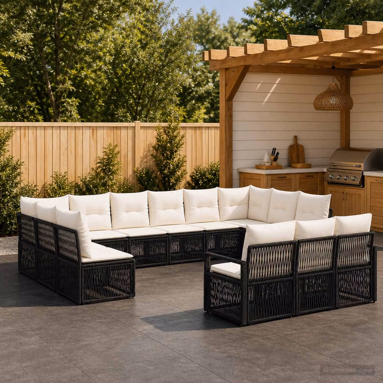 Set Divano da Giardino vidaXL a forma a U composto da 13 pezzi in rattan nero con struttura in acciaio e cuscini inclusi