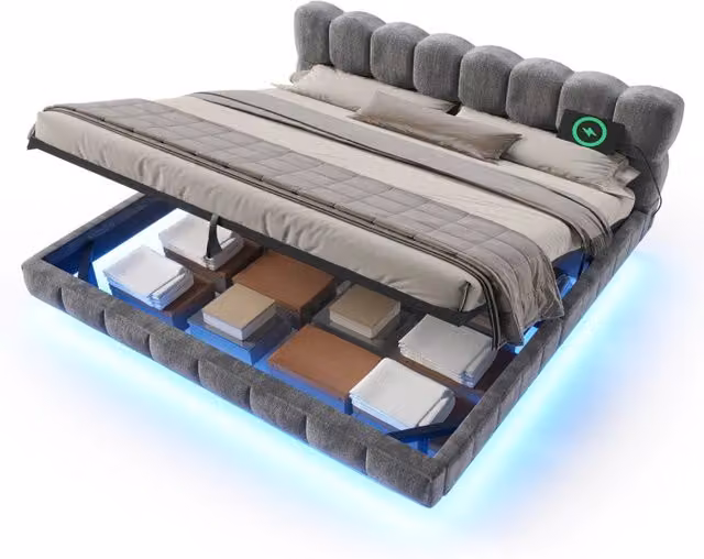 Letto matrimoniale imbottito 180×200 cm con contenitore idraulico, LED, USB e porta tipo C, senza materasso, grigio