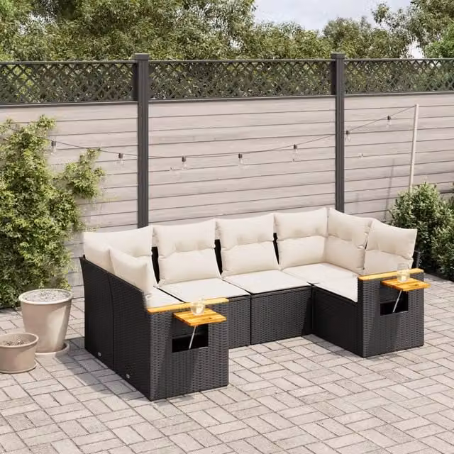 Set Divano da Giardino a L VIDAXL in Polyrattan Nero con Cuscini per 6 Persone