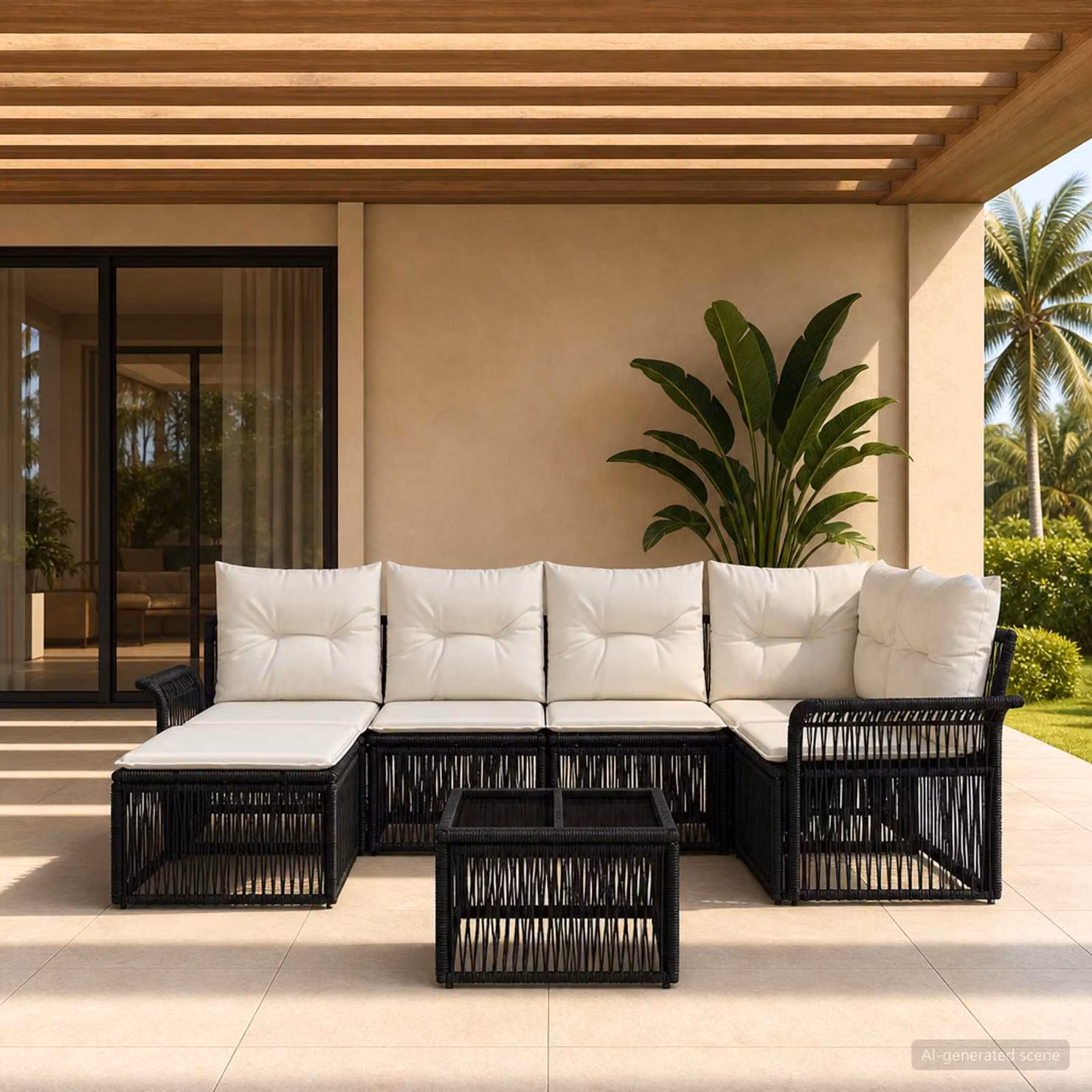 Set Divano da Giardino vidaXL 7 Pezzi a Forma di L con Poltroncina, Tavolino e Cuscini, Colore Nero