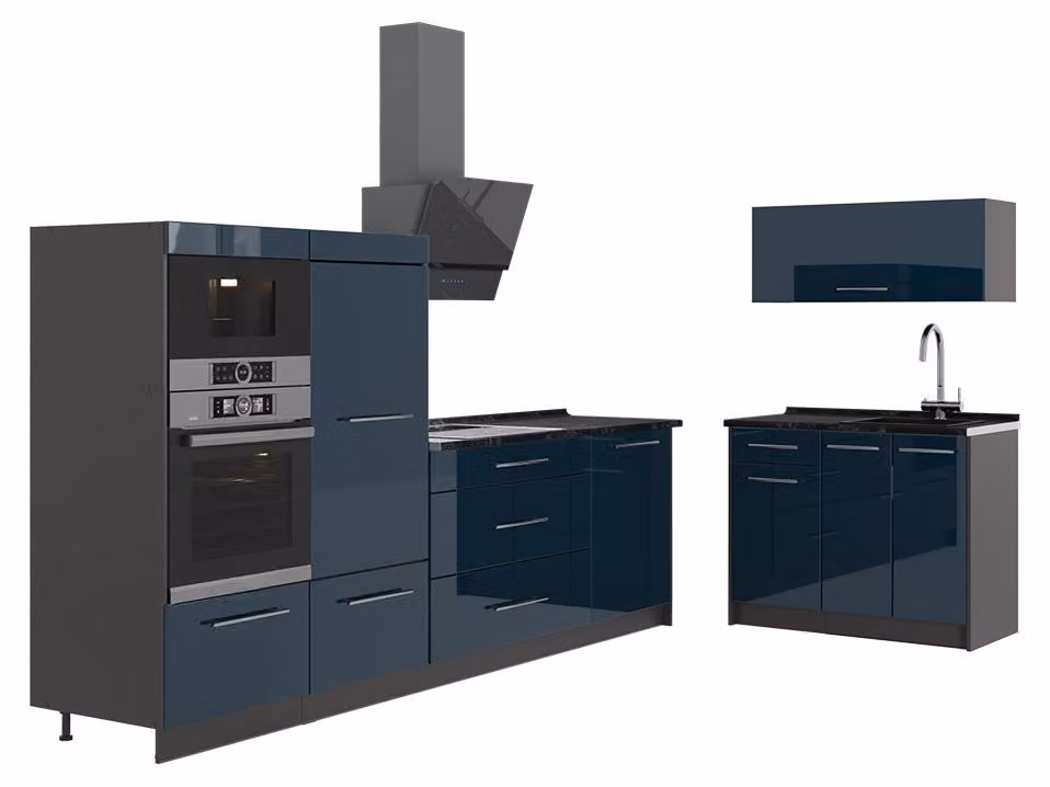 Cucina Vicco Fame-Line Blu scuro lucido/Antracite 380 cm senza piano di lavoro, Model 64071