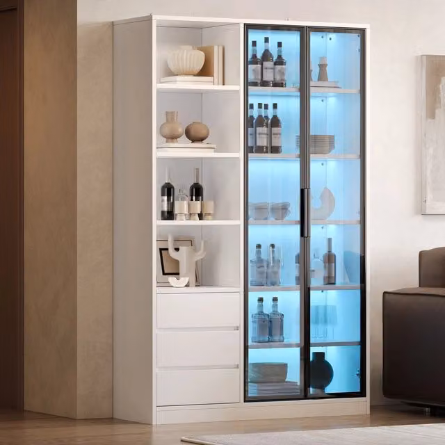 Vetrina, credenza, cantinetta, 3 cassetti, 2 ante in vetro, ripiani regolabili, illuminazione a LED, bianco