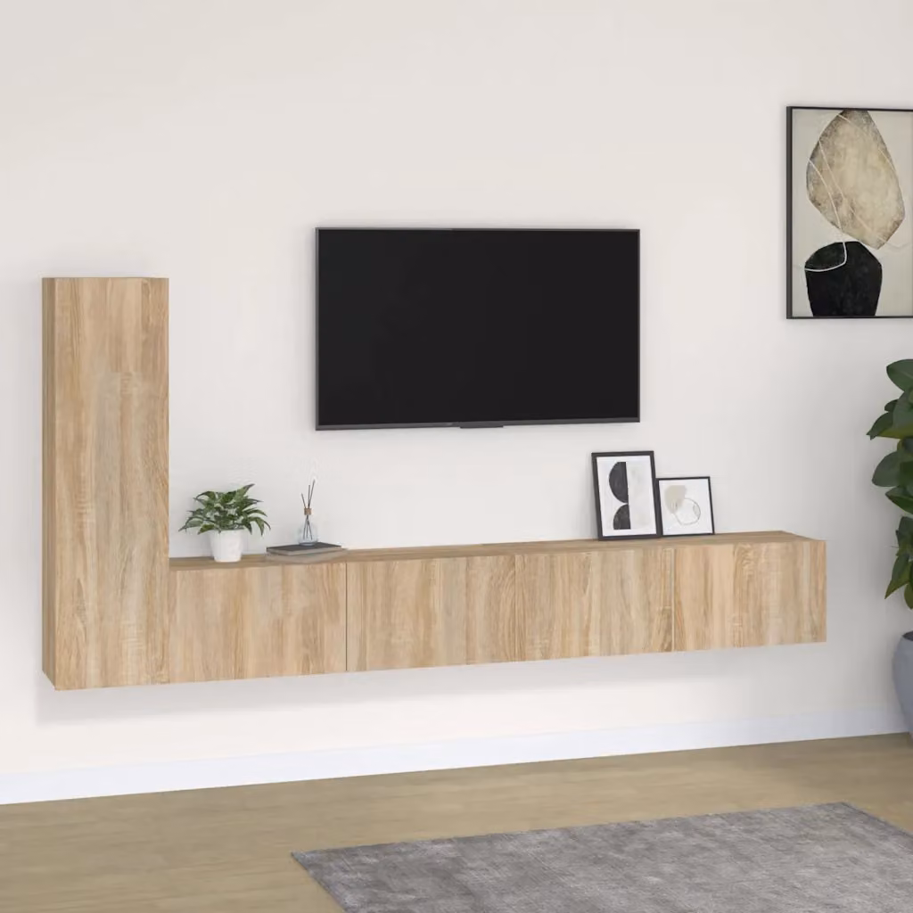 Set di mobili porta TV 3 pezzi vidaXL in legno MDF color rovere e beige per soggiorno – 1