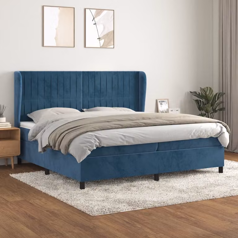 The Living Store Letto a molle con materasso blu scuro 200x200 cm in velluto
