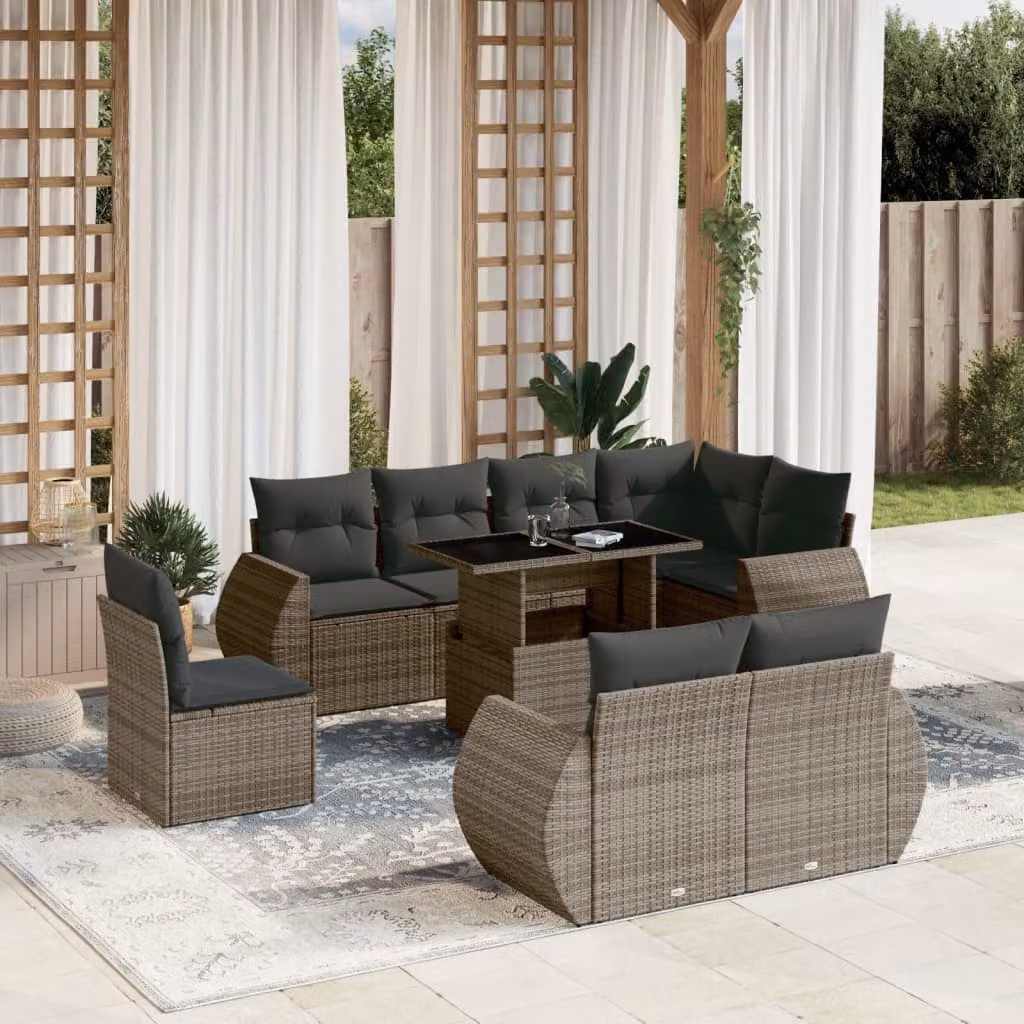 vidaXL Set Divano da Giardino a L 9 pz in Polyrattan Grigio con Cuscini e Tavolino da Esterno – 1