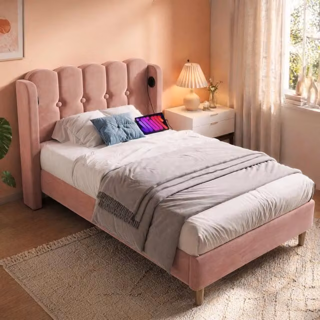 Letto singolo imbottito rosa 90x200 cm in velluto con ricarica USB e USB-C
