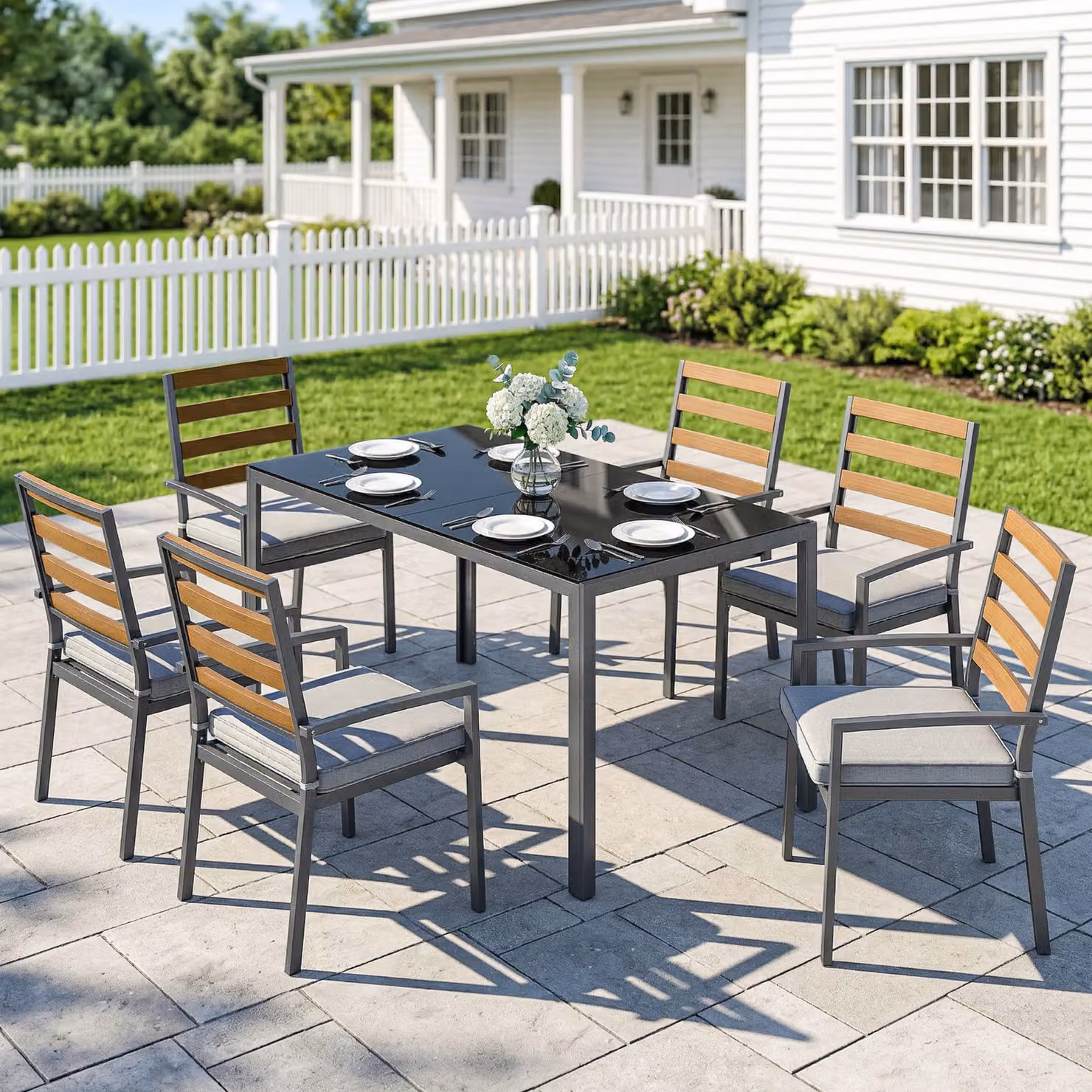 Set da pranzo da giardino Outsunny composto da 7 pezzi con tavolo rettangolare in vetro e sedie in metallo nero e grigio per 6 persone – 2