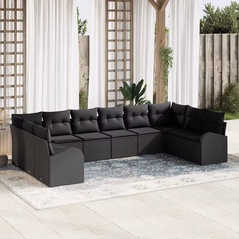 Set Divano da Giardino a L vidaXL in Polyrattan Nero con Cuscini per Esterno