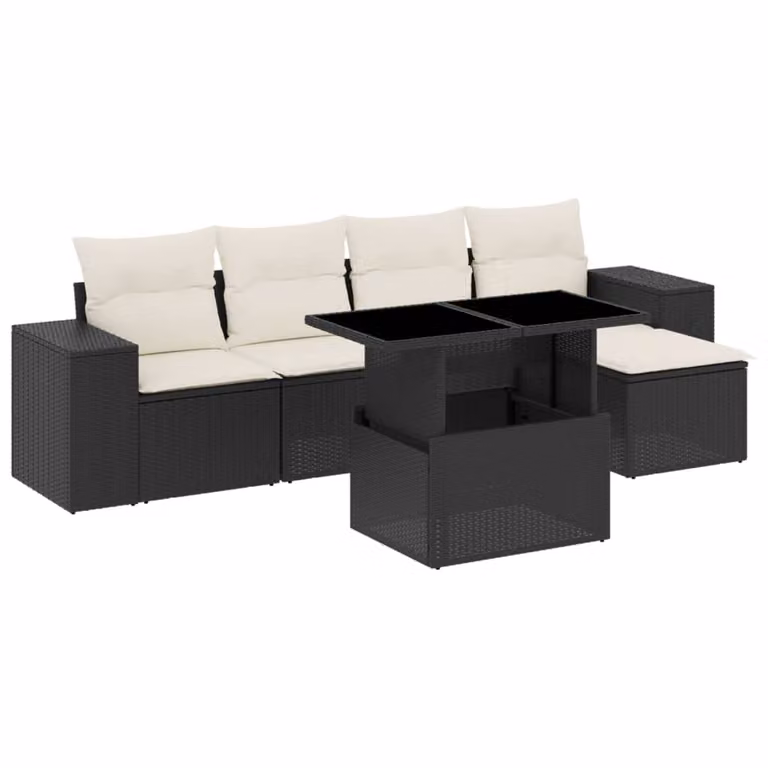 Set Divano da Giardino 6 pz con Cuscini Nero in Polyrattan