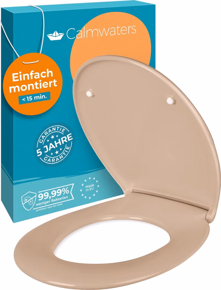 Sedile per WC Calmwaters® Premium di facile installazione, coperchio per WC fino a 250 kg, EU, duroplastica antibatterica, meccanismo di chiusura morbida, 2 opzioni di installazione, rimovibile, sedile per WC, ovale, beige-bahama beige