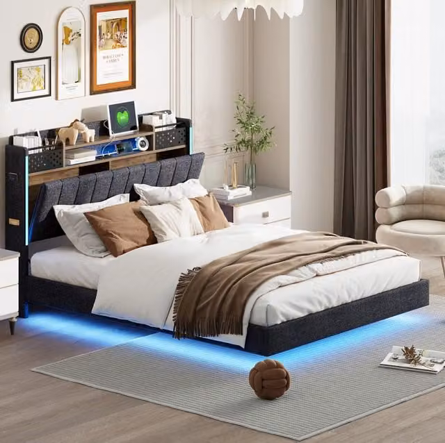 Letto imbottito 140x200 cm con illuminazione LED, porta USB e testiera contenitore in tessuto lino grigio