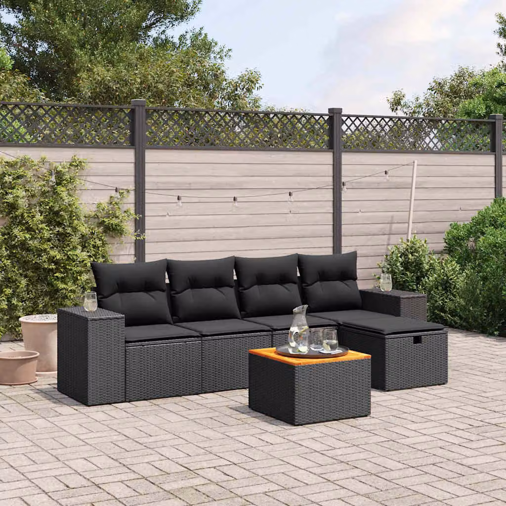 vidaXL Set Divano da Giardino a L 6 pz con Cuscini Nero in Polyrattan e Acciaio – 1
