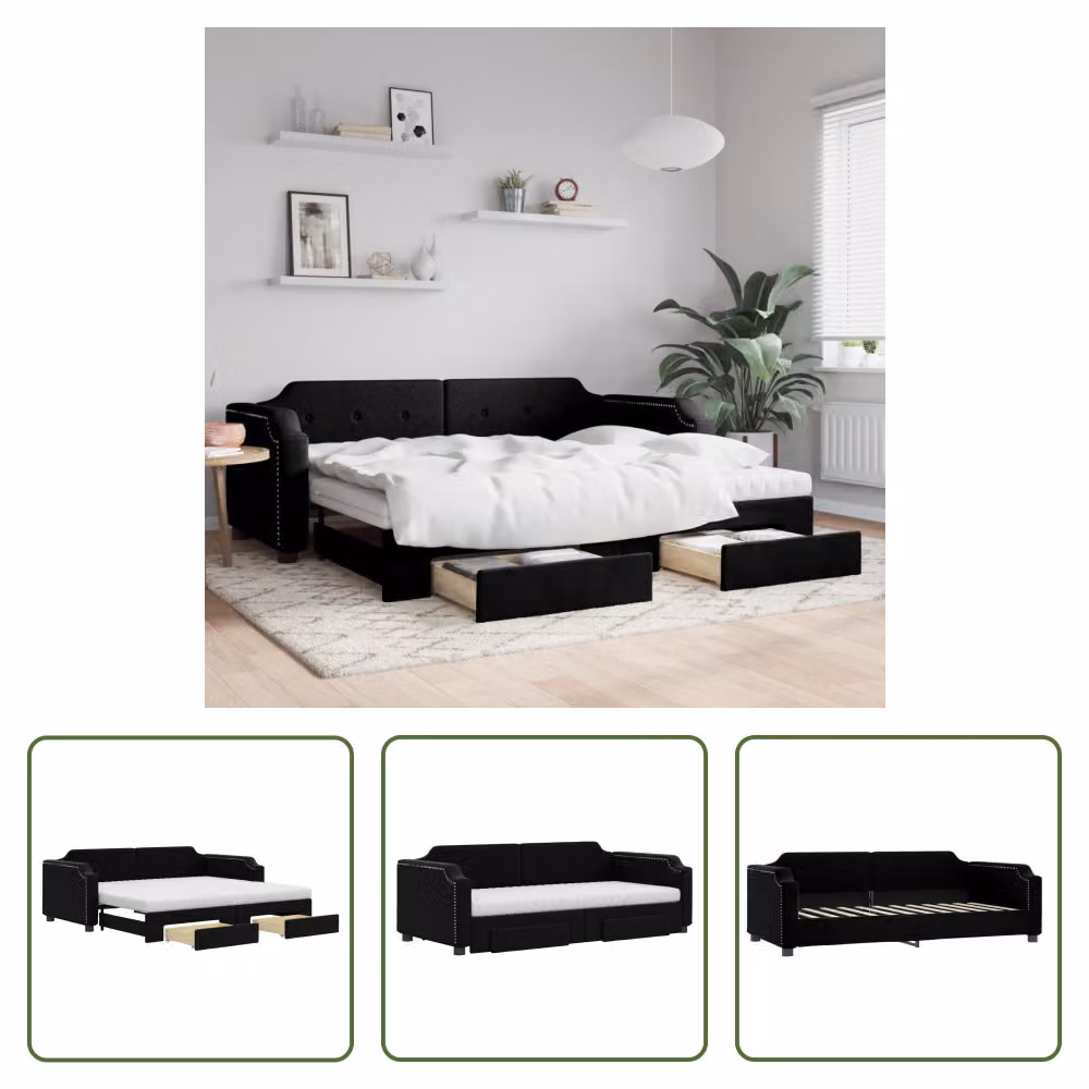 The Living Store Letto allungabile con cassetti nero 90x200 cm tessuto