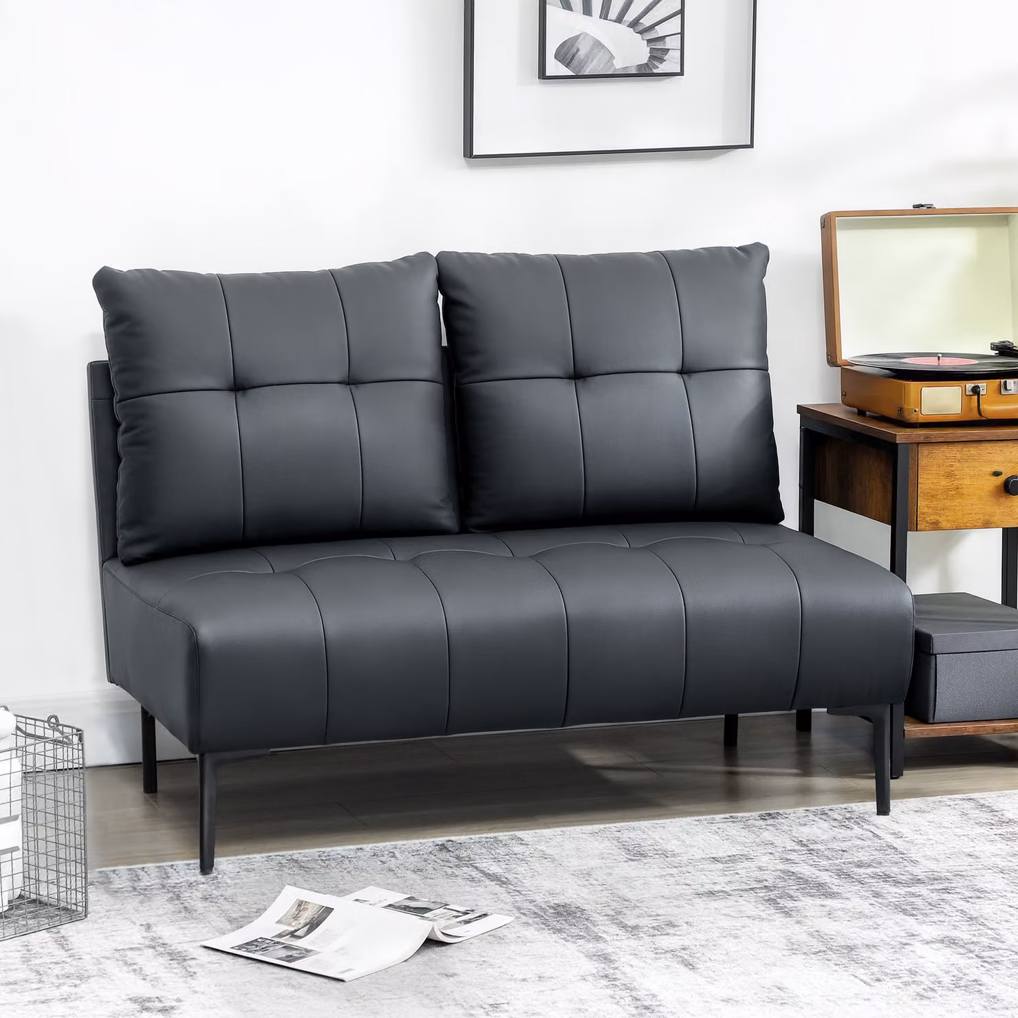 Divano 2 posti HOMCOM in finta pelle nera con design trapuntato a bottoni e senza braccioli, L: 115 cm, P: 73 cm, H: 83 cm – 2