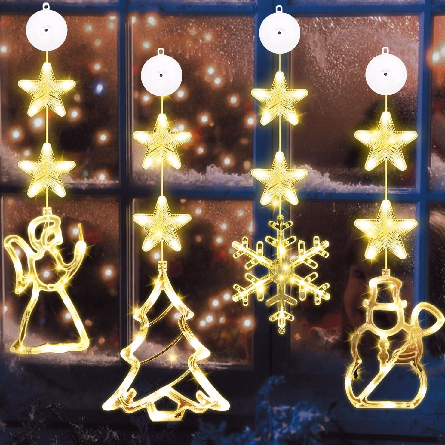 Set di 4 luci natalizie a LED con timer e ventose, ideali per decorazioni natalizie